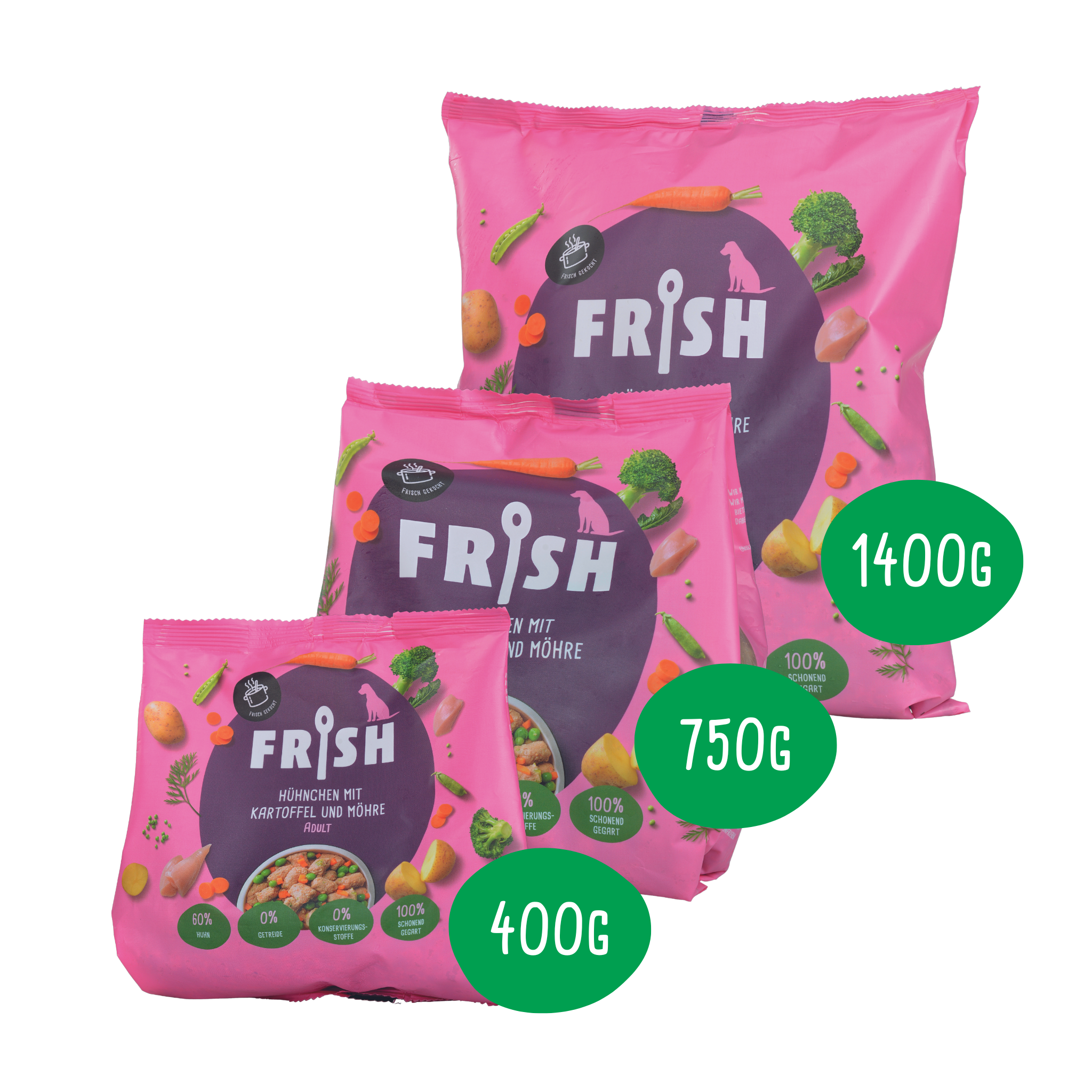 FRISH Hundefutter: Hühnchen mit Kartoffel und Möhre in 400g, 750g und 1400g Packung