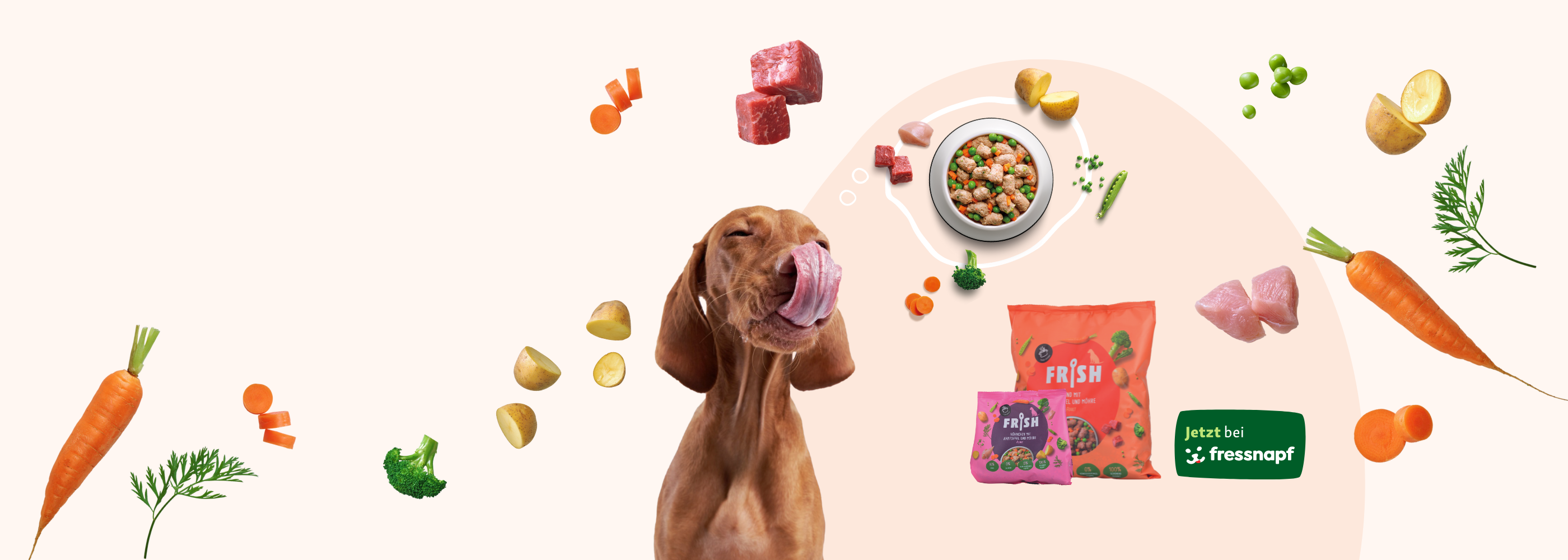 Hund, kartoffel, Brokkoli, Fleischstücke, Napf mit FRISH Hundefutter, FRISH Packung, Jetzt bei Fressnapf