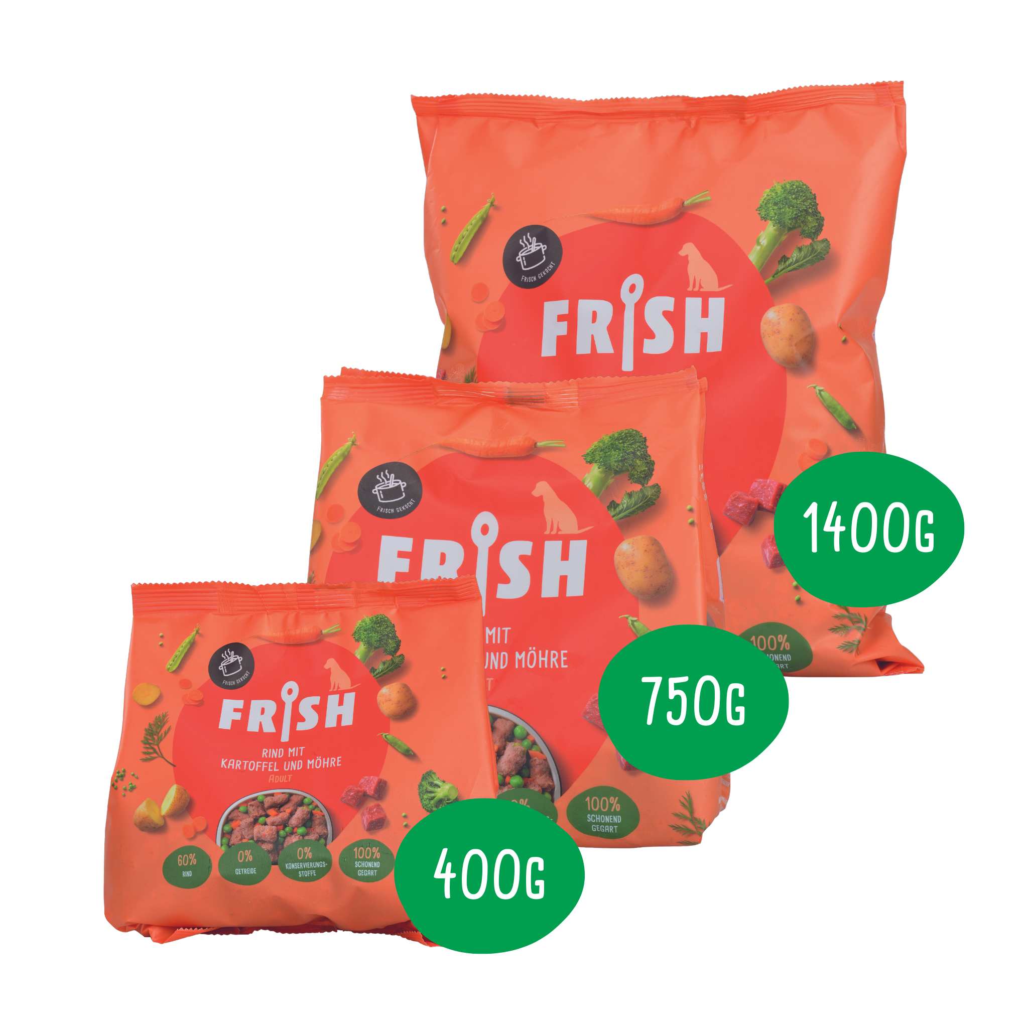 FRISH Hundefutter: Rind mit Kartoffel und Möhre in 400g, 750g und 1400g Packung